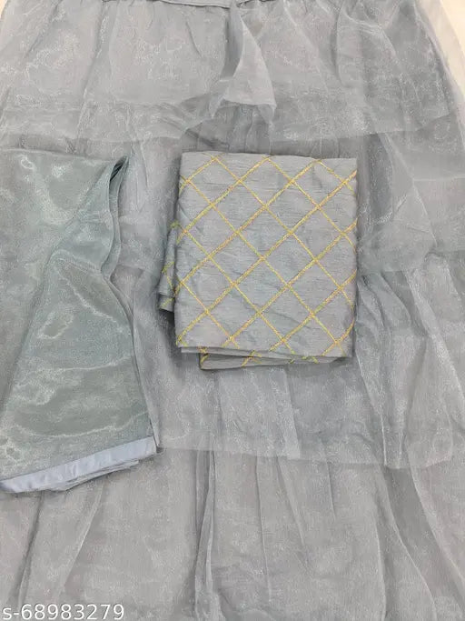 New Silk-Blend Net Lehenga with Lace Dupatta, unstitched Indian bridal wear for free size (waist 34in, length 37in)