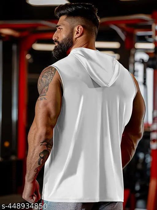 Mens quick-dry hooded sleeveless gym vest tank in assorted colors - polyester, slight stretch for active fitness wear