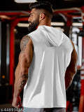 Mens quick-dry hooded sleeveless gym vest tank in assorted colors - polyester, slight stretch for active fitness wear
