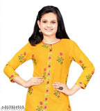Cotton floral printed kurta pant set for girls, embellished with embroidery. Sizes: 6-7 years (top length 24 in), 7-8 years (top length 26 in), and so on up to 12-13 years (top length 36 in). Indian origin