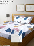 King-size 200 TC cotton elastic fitted double bedsheet with 2 pillow covers, botanical pattern, ideal for summer