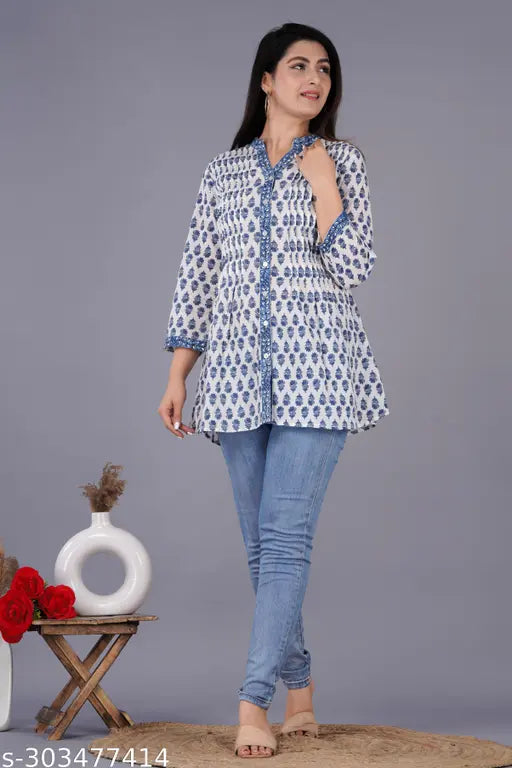 Indigo blue cotton printed pintuck top with embroidered net detail, three-quarter sleeves