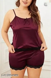 Wine red satin LUXELOOM sleepwear set, short sleeveless lingerie on mannequin for stylish women's nightwear