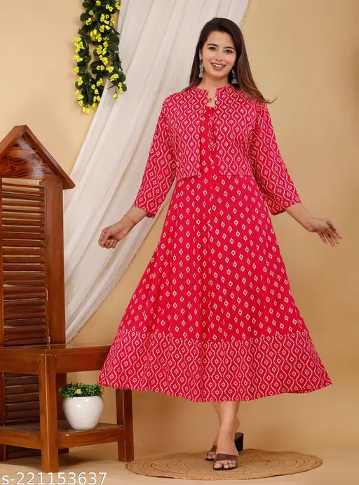 Plus-sized cotton anarkali kurta with jacket, three-quarter sleeves, vibrant printed pattern - Indian ethnic wear