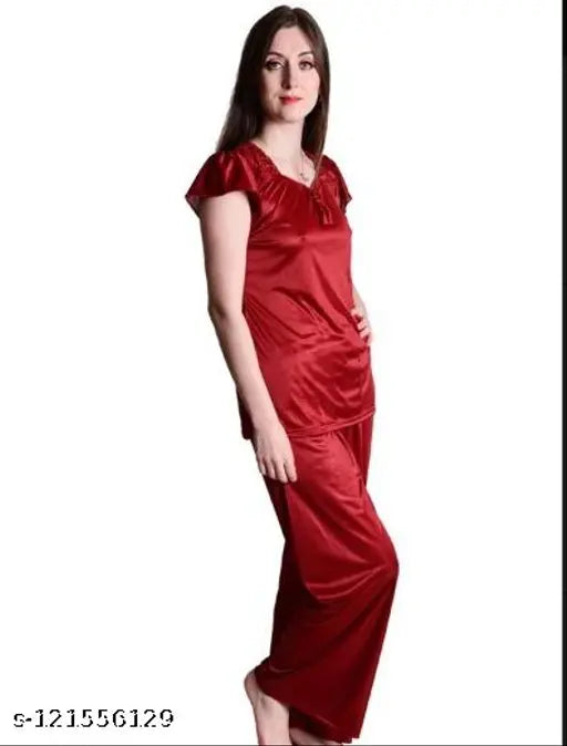 Purple wine maroon satin nightwear set (pack of 3) - comfortable and chic women's sleepwear by Dream Night Brand