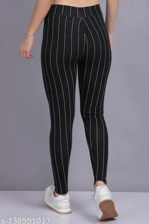 AXOLOTL Premium striped cotton blend jegging for women. High-quality ribbed stripes jegging for various upper outfits. Cold water wash only; dry in shades. Sizes: 26 (waist 26in, length 35in), 28, 30, 32, 34 (waist 34in, length 35in). Indian-made premium cotton jegging