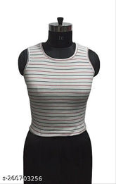 Striped lycra top, sleeveless and round neck, printed pattern on a net background, size XS, M, available from India