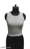 Striped lycra top, sleeveless and round neck, printed pattern on a net background, size XS, M, available from India