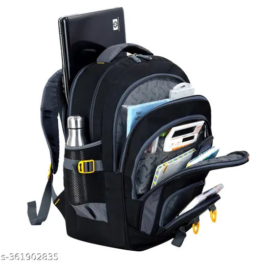 Black waterproof polyester laptop backpack for school and college travel, Myron Large 45L with 5 compartments and mesh bottle holder