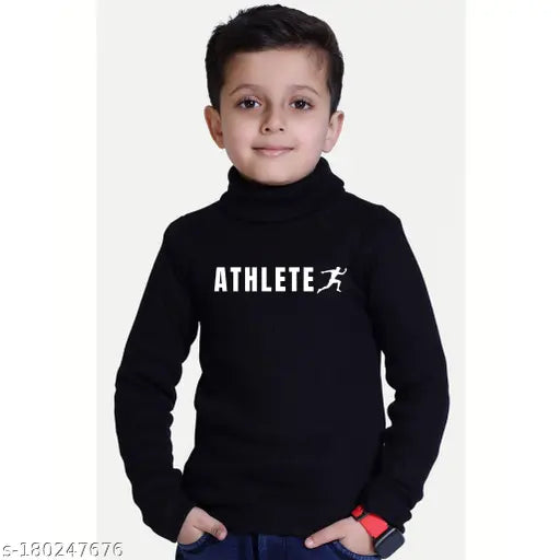 Black printed cotton blend high neck turtle neck full sleeve sweater for kids winter wear, soft and warm