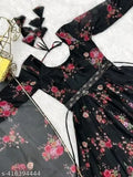 Premium export quality black and pink floral georgette gown for women and girls, printed net and short sleeves party wear