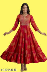 Orange rayon embroidered anarkali kurti with gold print and sequin work, three-quarter sleeves