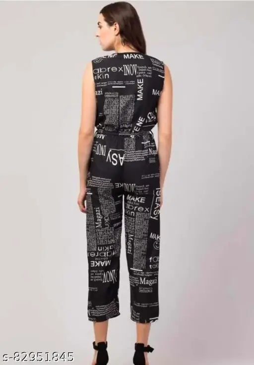 Trendy newspaper print crepe jumpsuit for girls and women, sleeveless style