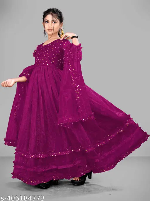 Pink printed net ethnic gown with long sleeves and dupatta, perfect for parties or weddings. Indian traditional garment for girls aged 5-16 years