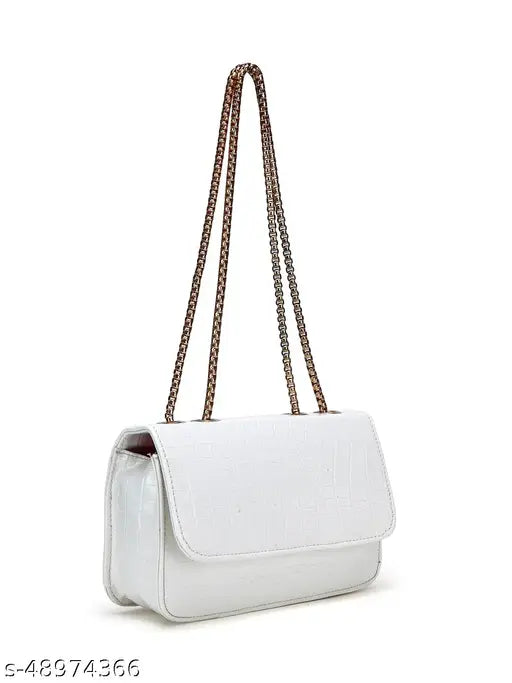 White faux leather slingbag, croc textured with glossy finish, spacious compartment for essentials, ideal accessory for traditional and western outfits, Indian origin