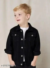 Dark black wash denim jacket, solid pattern, long sleeves for kids aged 4-8 years, India origin