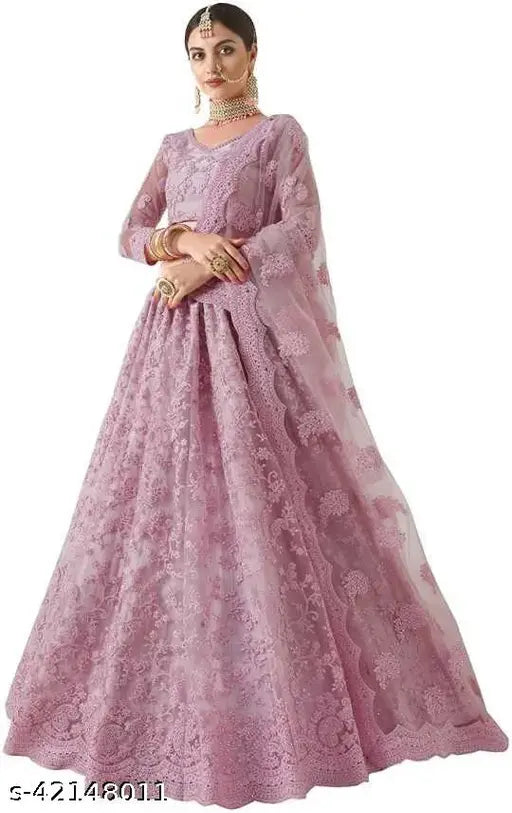 Embroidered chikankari net lehenga set for women, semi-stitched (waist 42in, length 46in), Indian handcraft