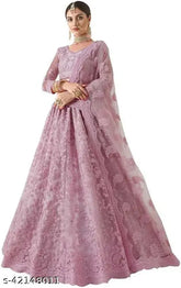 Embroidered chikankari net lehenga set for women, semi-stitched (waist 42in, length 46in), Indian handcraft