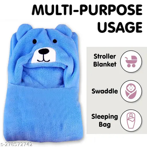 Soft blue wool hooded baby blanket with bear print, ideal for heavy winter use and machine-stitched for durability