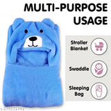 Soft blue wool hooded baby blanket with bear print, ideal for heavy winter use and machine-stitched for durability