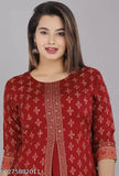 Red rayon kurta with gold print, three-quarter sleeves and zari woven pattern. Women's traditional Indian long gown kurti on display