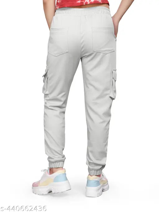 Light grey stretchable cargo trousers for gym and nightwear, elastic waist with drawstring & zipper fly, multiple pockets, suitable for all seasons, Indian origin