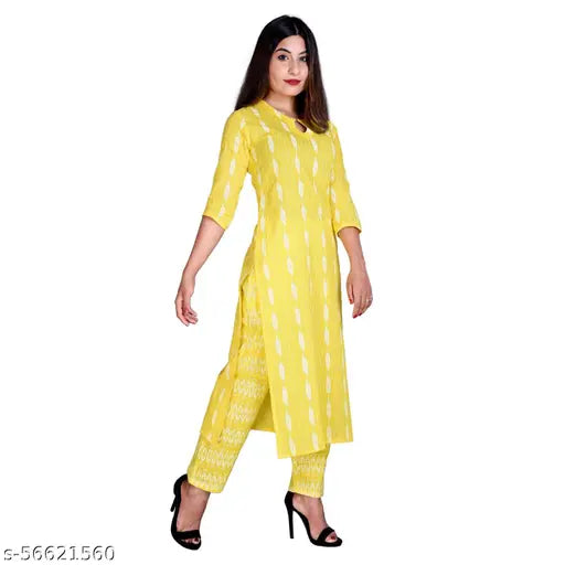 New yellow pattern cotton kurta with bottomwear, embroidered net, three-quarter sleeves, India origin