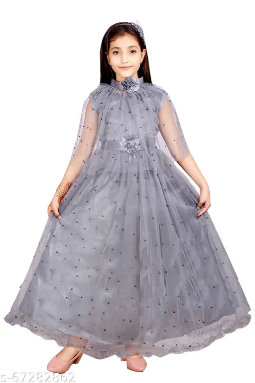 Girls Grey Net Frocks dress for 3-8 years, self-designed with printed net fabric from India