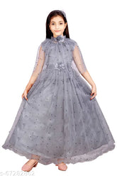 Girls Grey Net Frocks dress for 3-8 years, self-designed with printed net fabric from India