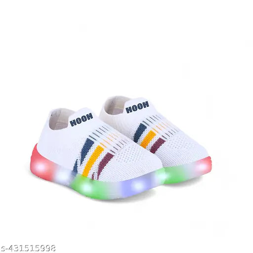 White canvas slip-on sneakers with LED lighting for kids indoor/outdoor wear, waterproof and lightweight