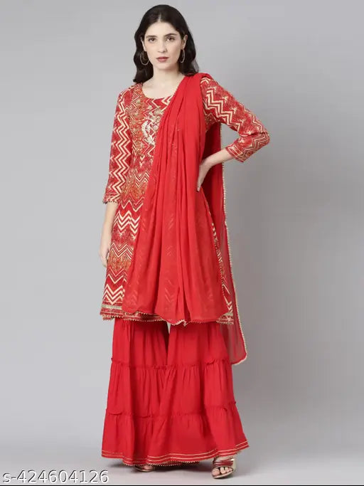 Rayon embroidered Sharara suit for party wear with dupatta and bottomwear, India origin