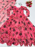 Dark peach color printed Georgette Anarkali gown with long sleeves, vibrant multi-pattern design and inner micro cotton flair