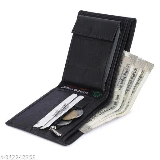 Black artificial leather men's wallet, 12 card slots, sleek and spacious design, smooth texture for easy storage