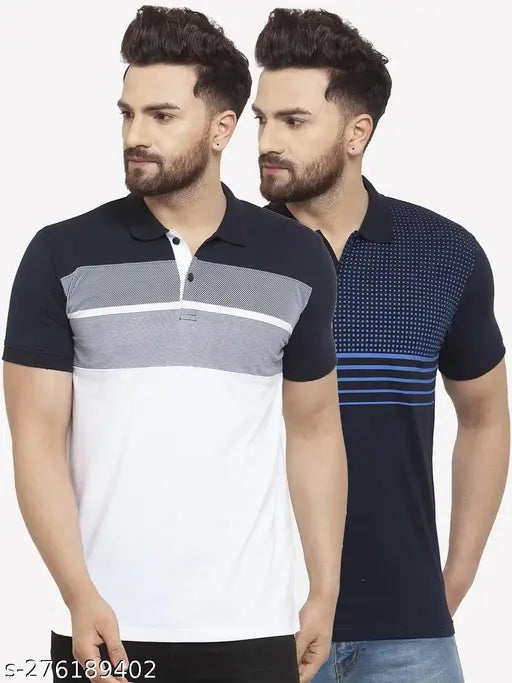 Multicolor and navy blue striped cotton blend half-sleeve polo neck t-shirts (XL, XXXL), Wild West design, summer wear for men