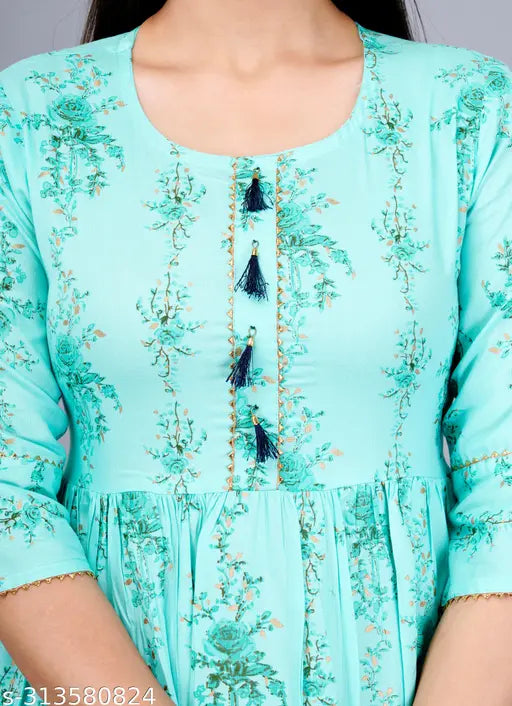 Trendy rayon one-piece wear, printed combo with three-quarter sleeves, Indian-made fashionable gown for women (M: Bust 38", Length 48"; L: Bust 40", Length 48"; XL: Bust 42", Length 48"; XXL: Bust 44", Length 48")