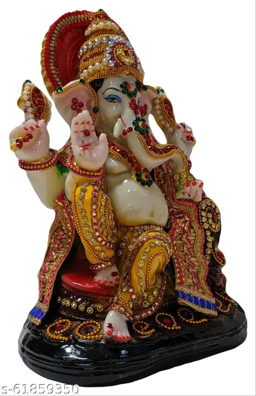 Resin multicolor Lord Ganesha Idol, 19cm x 25cm x 12cm, hand-picked stone adornments, Ashirwada Mudra, perfect gift for puja room decoration