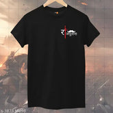 Black cotton t-shirt, premium quality Desi Rajputana Logo Typography religious print, trendy warrior fit, 100% cotton casual wear, black tee for men with round neck design and five size options available