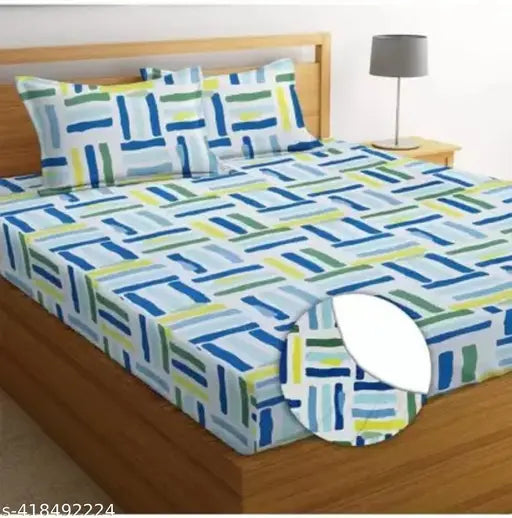 Geometric-patterned cotton fitted elastic double bedsheets with 2 pillow covers, ideal for summer use and adult bedrooms