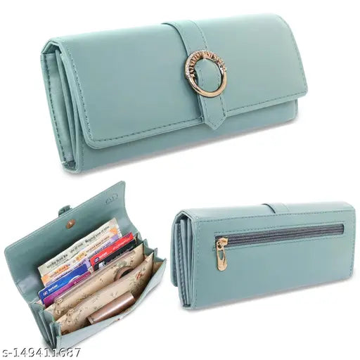 Light green faux-leather women's clutch wallet purse, 4 compartments, free size (8in x 5in)