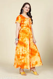Orange yellow tie dye print rayon short sleeve kurti, casual office wear with traditional touch