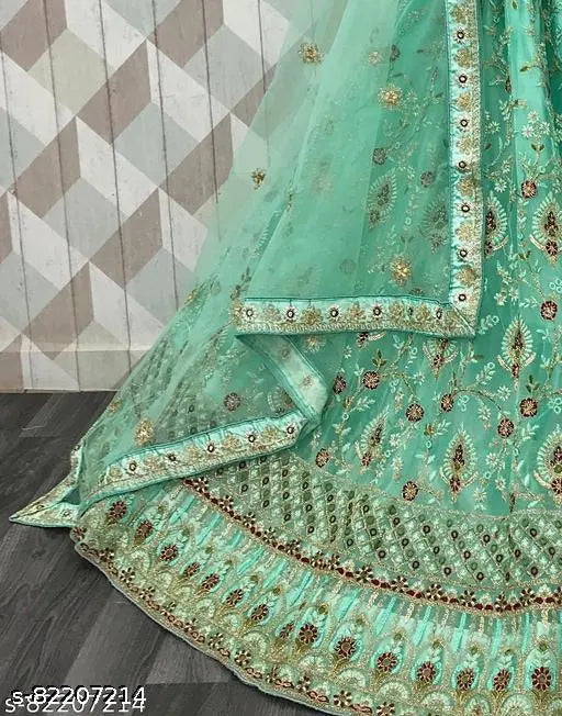 Sea Green Embroidered Lehenga Choli and Dupatta Set, high-quality net fabric for everyday occasions or special events