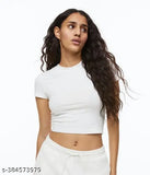 Trendy cotton full-sleeves crop top, solid print design for women's fashion-forward wardrobe