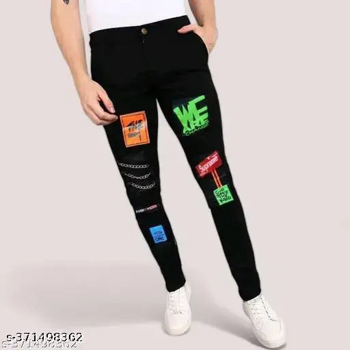 Men's black cotton blend slim fit jeans with placement print, size 28/30 (waist 28in/30in, length 39in), made in India