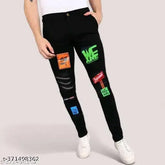 Men's black cotton blend slim fit jeans with placement print, size 28/30 (waist 28in/30in, length 39in), made in India