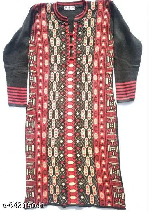 Black woolen straight kurti with vibrant print, perfect for contemporary casual fashion. Made by Kaina Creations in India