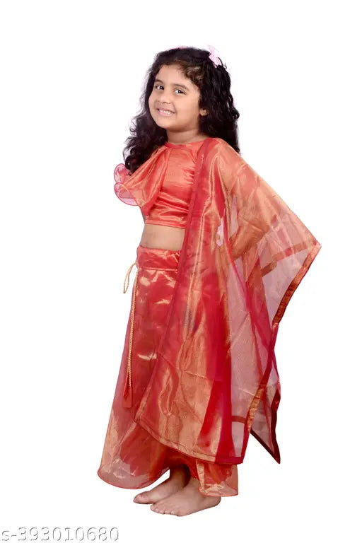 Silk blend lehenga choli with dupatta, self-designed applique stitch and sleeveless. 2-3 years size, Indian origin