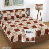 Elastic cotton double bedsheet with geometric pattern, fitted for adult use in summer, includes 2 pillow covers (16x26 inches)