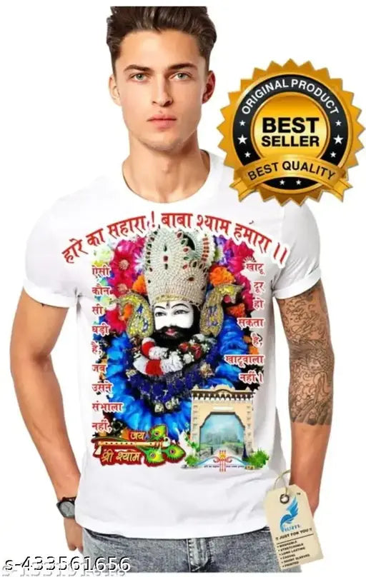 Nylon striped KHATU SHYAM T-shirt for men, lifetime guarantee, soft touch fabric, washable. Printed half-sleeve t-shirt for daily use