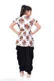 White and black printed crepe Girl Kurta Set with short sleeves, Indian traditional attire for girls aged 4-16 years