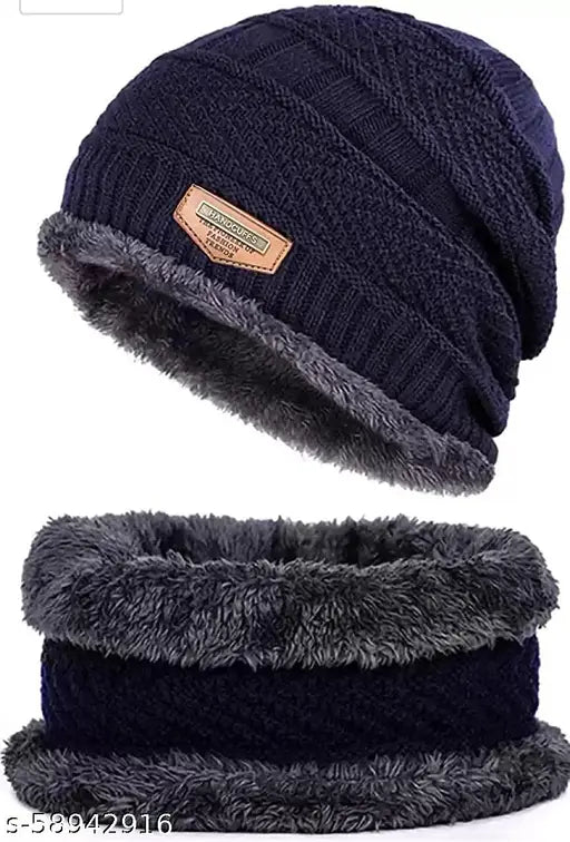Warm wool winter beanie & scarf set, thick fleece lined, solid pattern for men and women